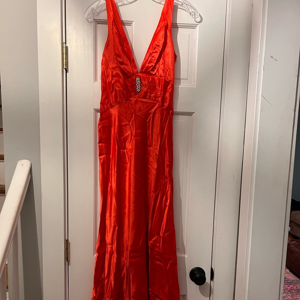 Peach Orange silk prom dress w/ adjustable train
